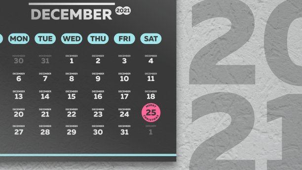 特写的一个黑色美丽的十二月页的墙壁日历2021年与一个标志的圣诞节日期图片下载