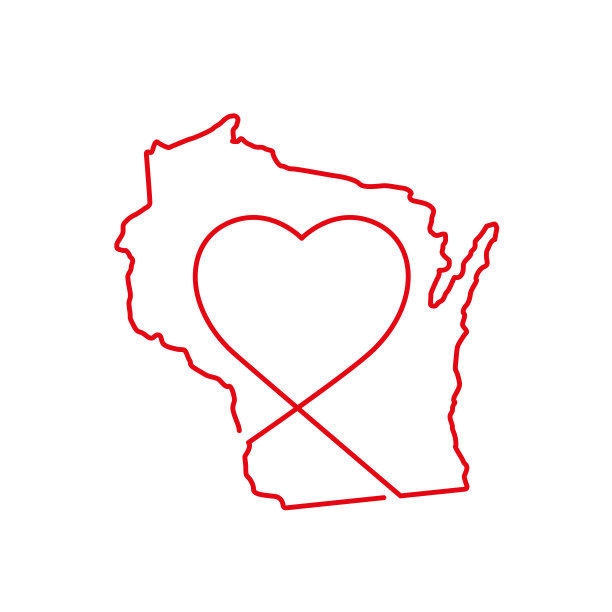 美国威斯康星州红色轮廓地图与手写的心形。矢量图图片下载