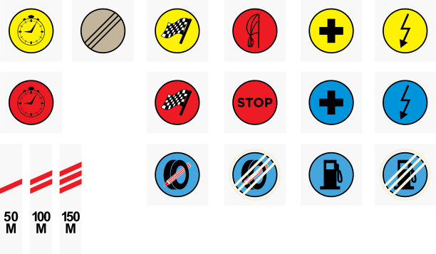 为赛车运动，拉力赛，汽车运动，特殊阶段的正式标志。时间控制，开始，飞行结束，停止，中点，求救点，无线电点，轮胎标记，加油区。图片下载