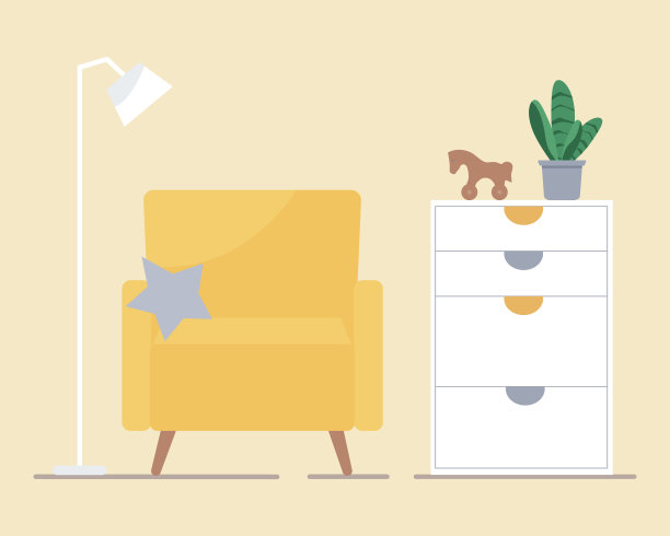 房间内部。软垫椅、花盆、床头柜、落地灯。图片下载