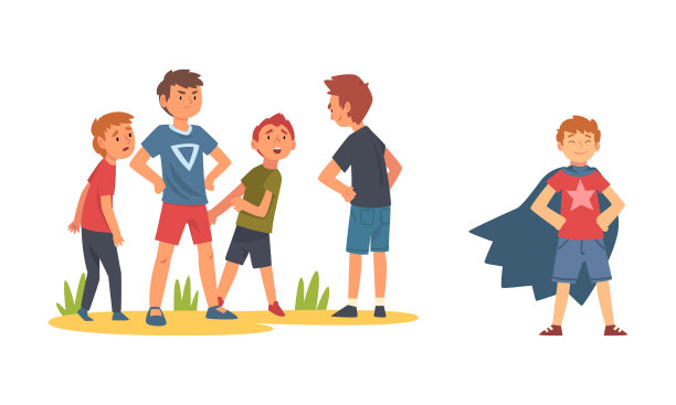 小男孩保护弱者免受流氓和穿着超级英雄斗篷向量集图片下载