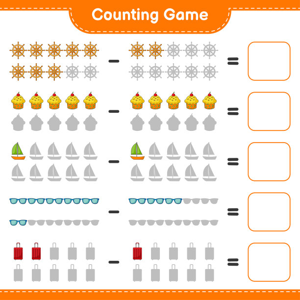 数数游戏，数船方向盘，杯子蛋糕，帆船，太阳镜，旅行袋的数量，并写下结果。教育儿童游戏，可打印的工作表，矢量插图图片下载