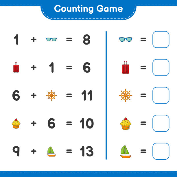 数数游戏，数船方向盘，杯子蛋糕，帆船，太阳镜，旅行袋的数量，并写下结果。教育儿童游戏，可打印的工作表，矢量插图图片下载