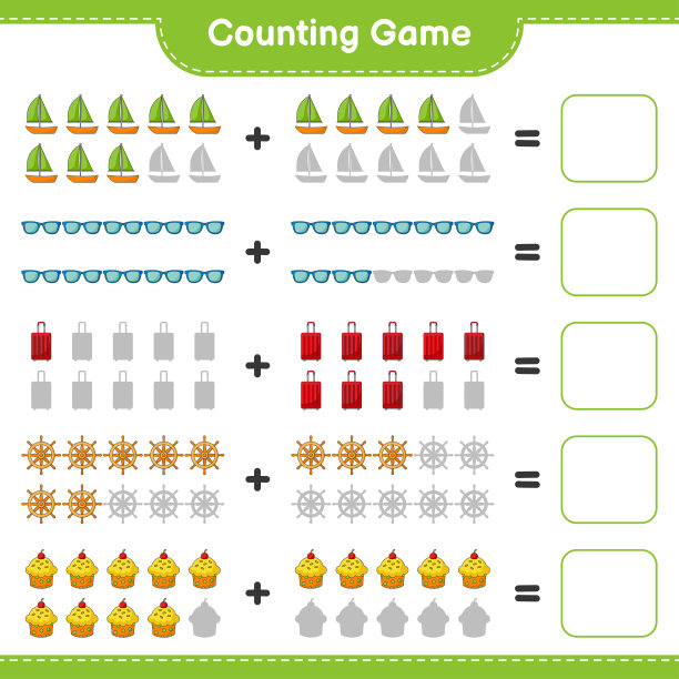数数游戏，数船方向盘，杯子蛋糕，帆船，太阳镜，旅行袋的数量，并写下结果。教育儿童游戏，可打印的工作表，矢量插图图片下载