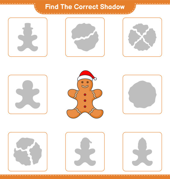 找到正确的阴影。找到并匹配姜饼人的正确阴影。教育儿童游戏，可打印的工作表，矢量插图图片下载