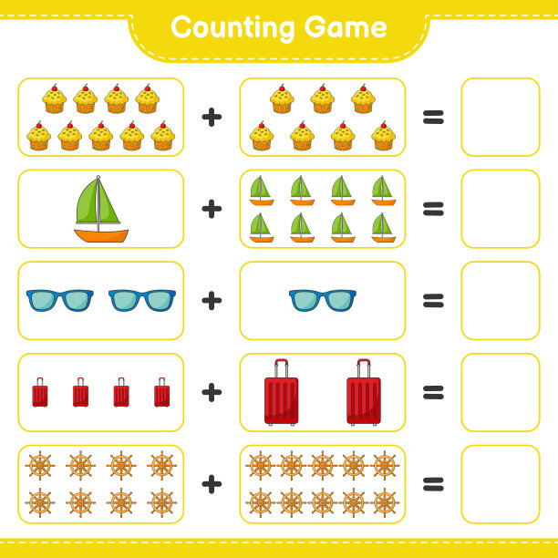 数数游戏，数船方向盘，杯子蛋糕，帆船，太阳镜，旅行袋的数量，并写下结果。教育儿童游戏，可打印的工作表，矢量插图图片下载