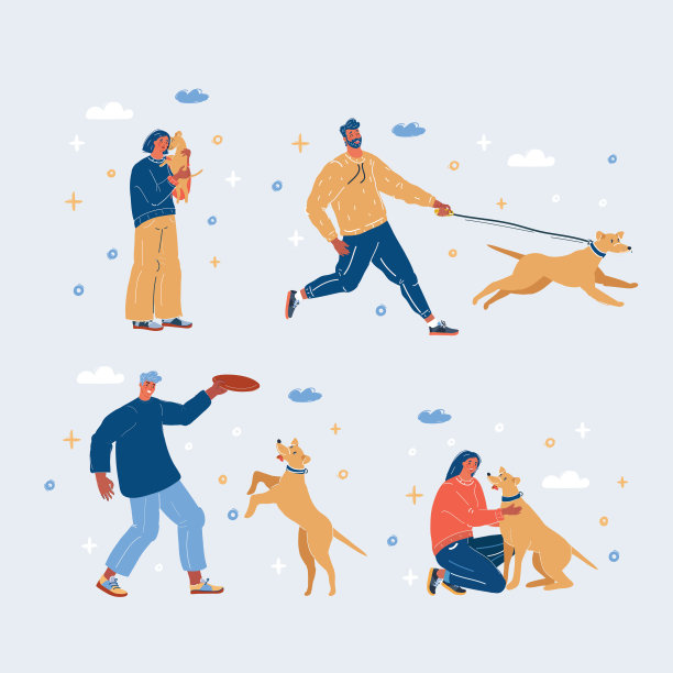 矢量插图的人与狗。女人和男人一起玩耍、散步、拥抱他们的宠物。图片下载