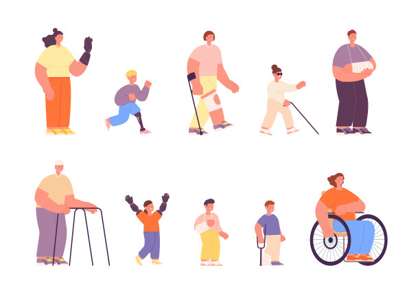 残疾的人。残疾学生，残疾儿童和成人。受伤的人群体，孤立的卡通青年残疾人完全矢量集图片下载