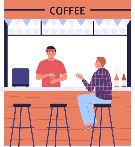 插画风格人物咖啡店点单用餐扁平化场景元素图片下载