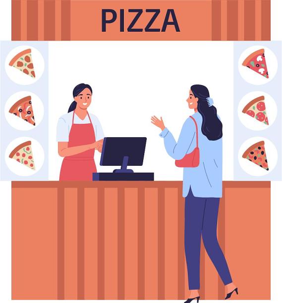 插画风格人物点单pizza用餐扁平化场景元素图片下载