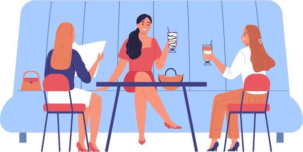 插画风格场景人物朋友闺蜜聚会用餐扁平化场景元素图片下载
