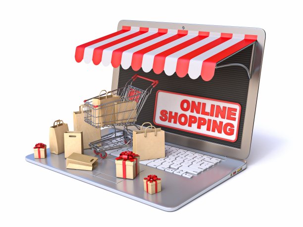 购物车，袋子和礼品盒的笔记本电脑网上购物概念侧视3D图片下载