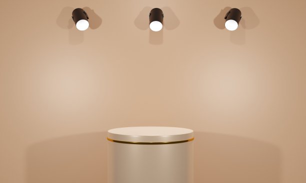 演播室里有粉红色的讲台和金色的戒指。3 d渲染。图片下载