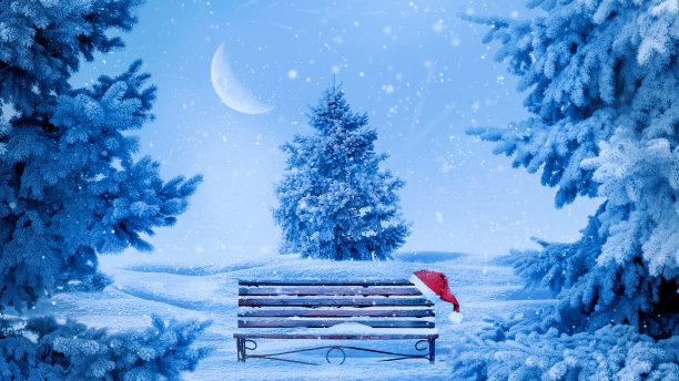 圣诞的喜庆之夜，在白雪皑皑的森林里。空板凳，圣诞帽和圣诞雪树。图片下载