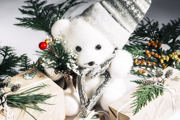 圣诞新年作文。白色的背景上放着一只戴着银色帽子的熊、圣诞松果和礼物盒，图片下载