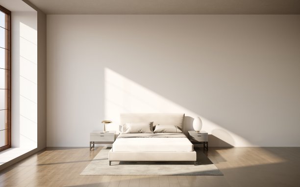 3d可视化的双人床与床头柜在一个极简主义的内部，3d插图，cg渲染图片下载