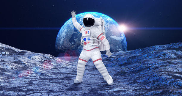 在星球表面跳舞的有趣的宇航员，感到快乐图片下载