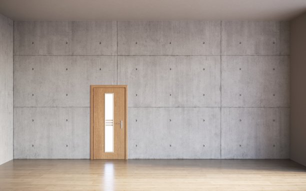 3d渲染的空房间与关闭的门和空的内墙复制空间，CG渲染图片下载