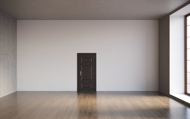 3d渲染的空房间与关闭的门和空的内墙复制空间，CG渲染图片下载