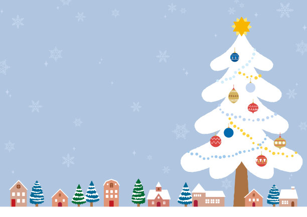 手绘插图的一个下雪的圣诞节城市景观和圣诞树，蓝色的灰色背景图片下载