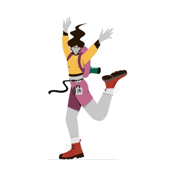 年轻女子背着背包，睡垫，金属马克杯，穿着登山靴。矢量插图的户外活动，徒步旅行，徒步旅行，攀登图片下载