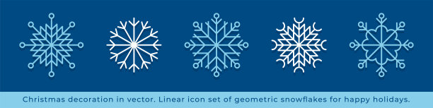 在矢量中雪花线图标的集合。极简风格的蓝色雪花。图片下载