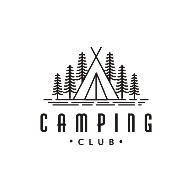 复古线性艺术露营户外冒险图标矢量模板的白色背景图片下载