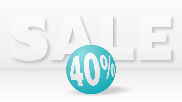 带有40%折扣的蓝绿色球体滚动撞击白色大字SALE图片下载