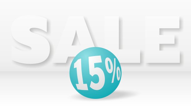 15%折扣的绿松石球体滚动撞击白色大字SALE图片下载