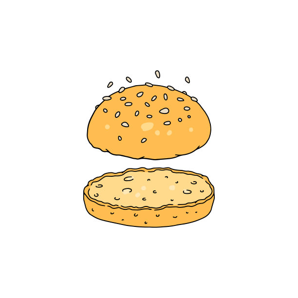 汉堡面包与芝麻在彩色素描风格，矢量插图孤立在白色背景。图片下载