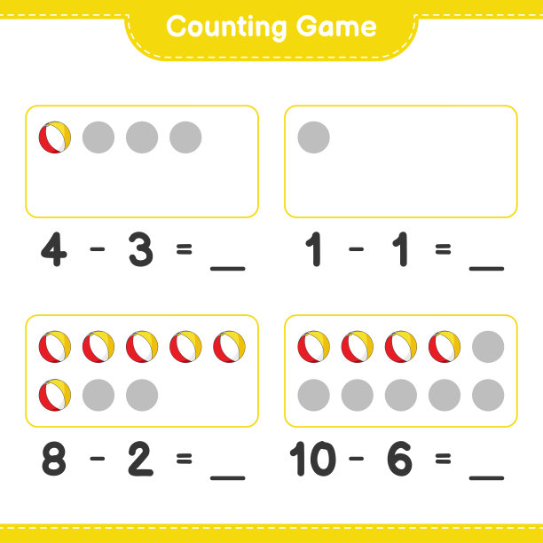 数球游戏，数沙滩球的数量并写出结果。教育儿童游戏，可打印的工作表，矢量插图图片下载