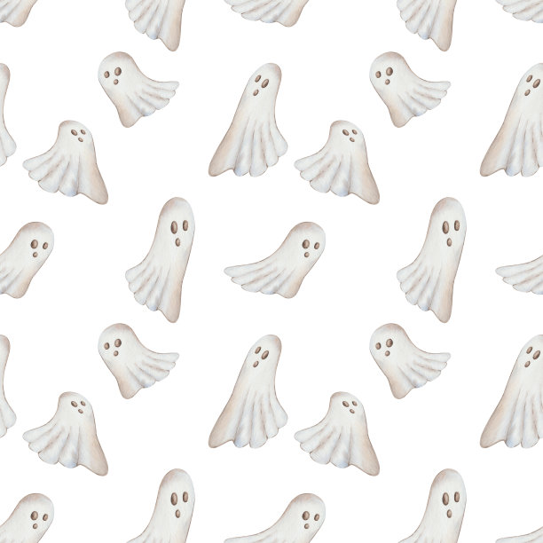 水彩无缝模式从手绘插图白色飞行幽灵与脸万圣节图片下载