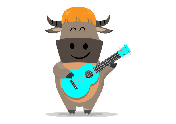 快乐微笑的水牛摇滚男弹蓝色原声吉他，孤立在白色上。矢量图图片下载