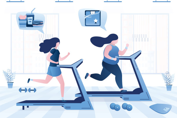 两个身材不同的女人在跑步机上跑步。瘦女孩锻炼，想着垃圾食品图片下载