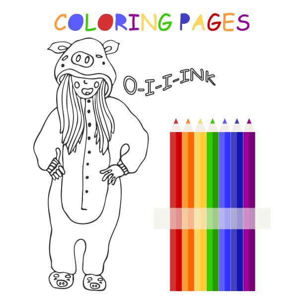 可爱的小女孩穿着卡通风格的手画睡衣。儿童涂色书或涂鸦风格页。一个穿着小猪套装的孩子。矢量插图。反应力的着色书。图片下载