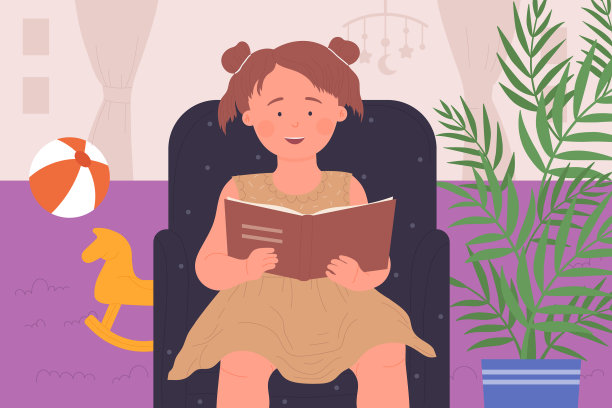 女孩读故事书在家里的房间内部图片下载