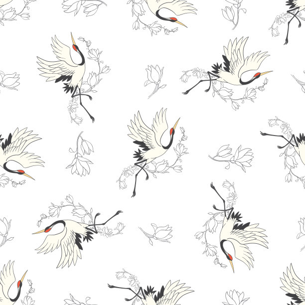无缝图案与鲜花和白色的日本鹤。图片下载