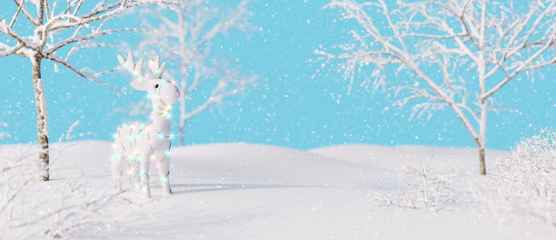 驯鹿在美丽的雪林。寒假背景3d渲染图片下载