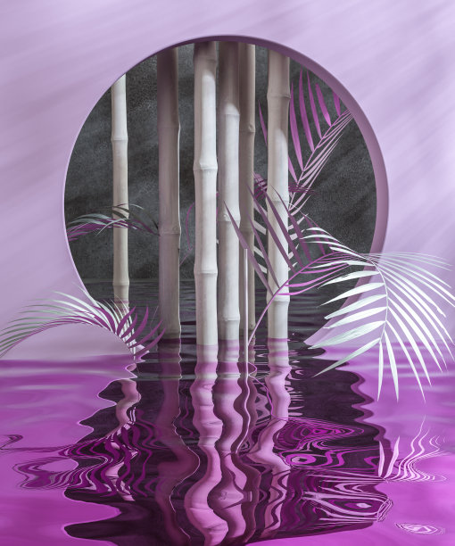 白色竹树和树叶抽象的粉红色背景spa或化妆品横幅的想法，3d渲染图片下载