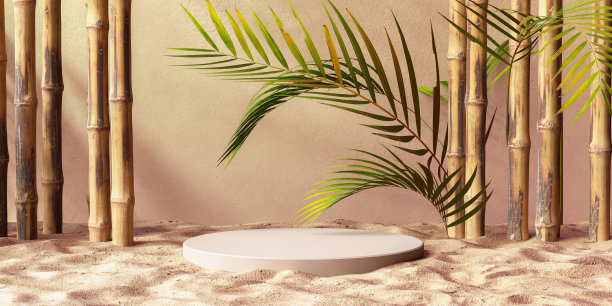 竹木、热带树叶、沙滩沙等风情化场景装饰进行产品展示，三维渲染夏季抽象背景图片下载