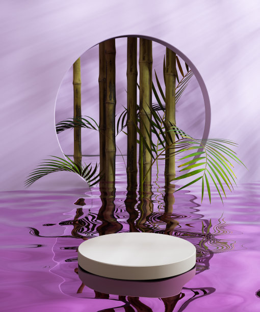 竹叶树和圆形讲台在水粉红色的背景产品广告3d渲染。图片下载