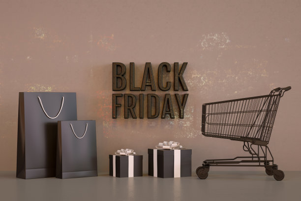 黑色星期五概念、礼品盒、购物袋和购物车图片下载