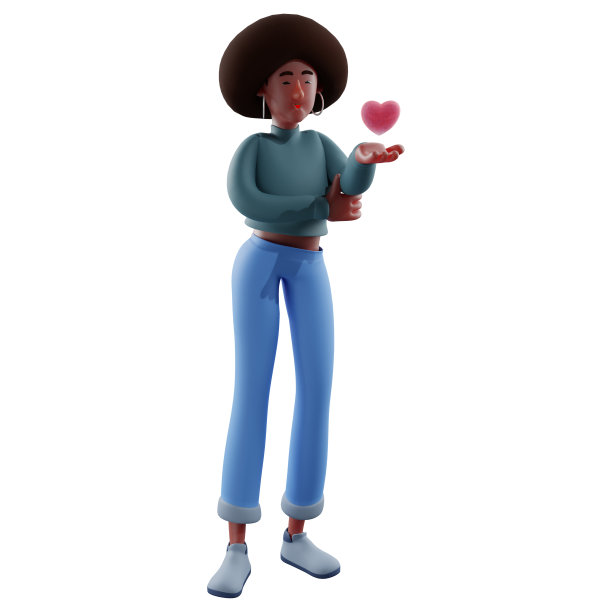 甜蜜的3D非洲女孩卡通人物发送爱的心图片下载