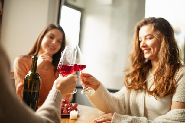 美丽微笑的女人在餐厅的会议上喝着美味的红酒图片下载