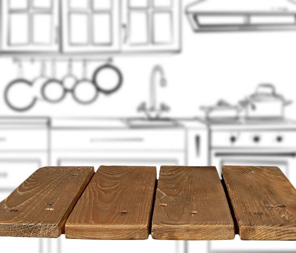 背景是模糊的厨房的木板。这张照片与插图结合在一起。产品广告的复制空间和自由空间。图片下载
