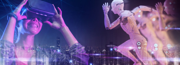 未来数码科技元宇宙游戏与娱乐，青少年玩VR虚拟现实化身，运动游戏3D机器人在网络空间元宇宙未来霓虹灯彩色背景，图片下载