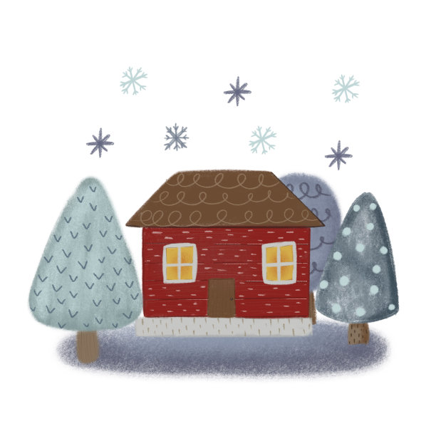 冬天的插图与红房子，树和雪花。图片下载