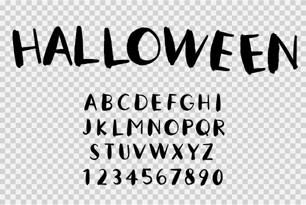 万圣节字体与笔刷风格。手绘排版字母设计孤立在png或透明背景，元素模板海报，小册子，在线广告，矢量插图图片下载