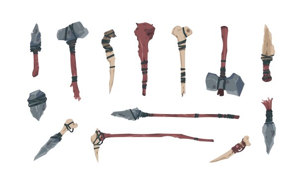 史前的武器。卡通幻想游戏古代战斗库存。原始的斧头和弓。猎刀。有骨头或岩石尖端的矛。野蛮人木接力棒。向量石器时代工具集图片下载
