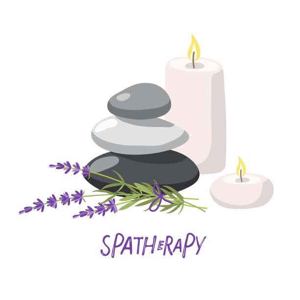 温泉治疗。搭配按摩石、蜡烛、薰衣草等植物，以柔和的色调呈现时尚的现代风格。美容水疗和放松养生概念，泰式按摩，冥想中心图片下载